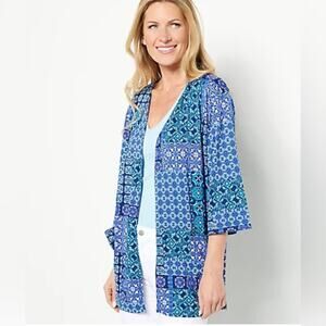 Cuddl Duds Blue Lightweight Open Geometric Print Cardigan Side Pockets size LG